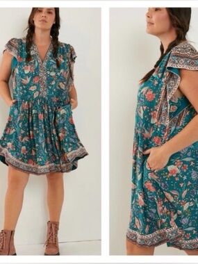 Anthropologie Teal Floral Border-Print Mini Dress with Flutter Sleeves